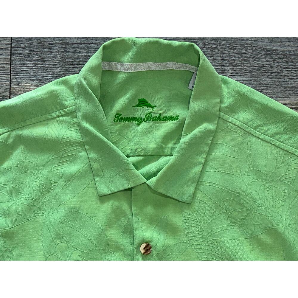 Tommy Bahama Mens XL Camp Shirt Lime Green Floral Palm Trees Hawaiian 100% Silk